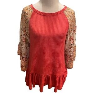 Umgee USA Boho Floral Waffle Knit Shirt Peasant Mixed Media Ruffle Sleeves Sz M